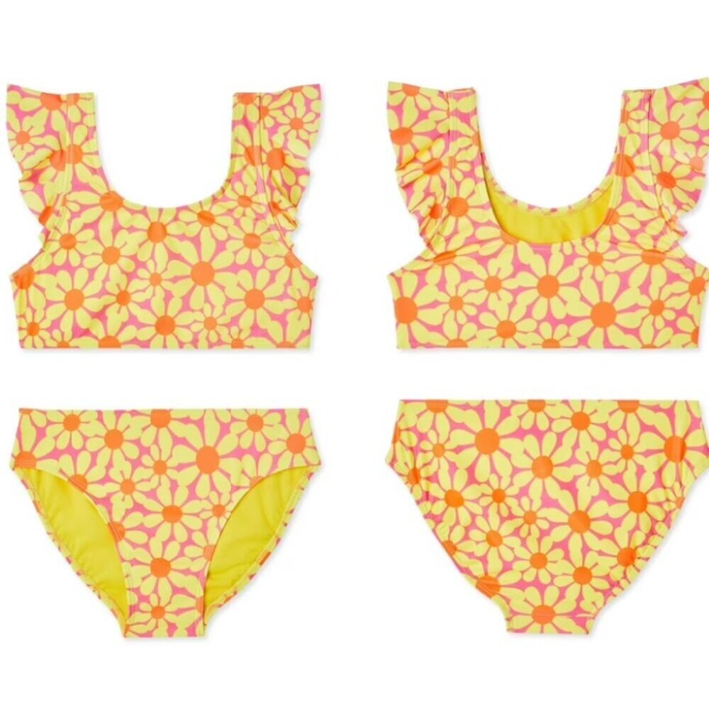 George Girls' Ruffle Bikini 2-Piece Floral Bikini Set Yellow Orange Floral Sz XL